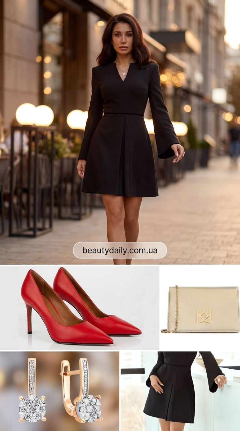 Найкращі літні сукні 2026 року: чорна коктейльна сукня з вишивкою для вечірнього виходу, з червоними човниками.