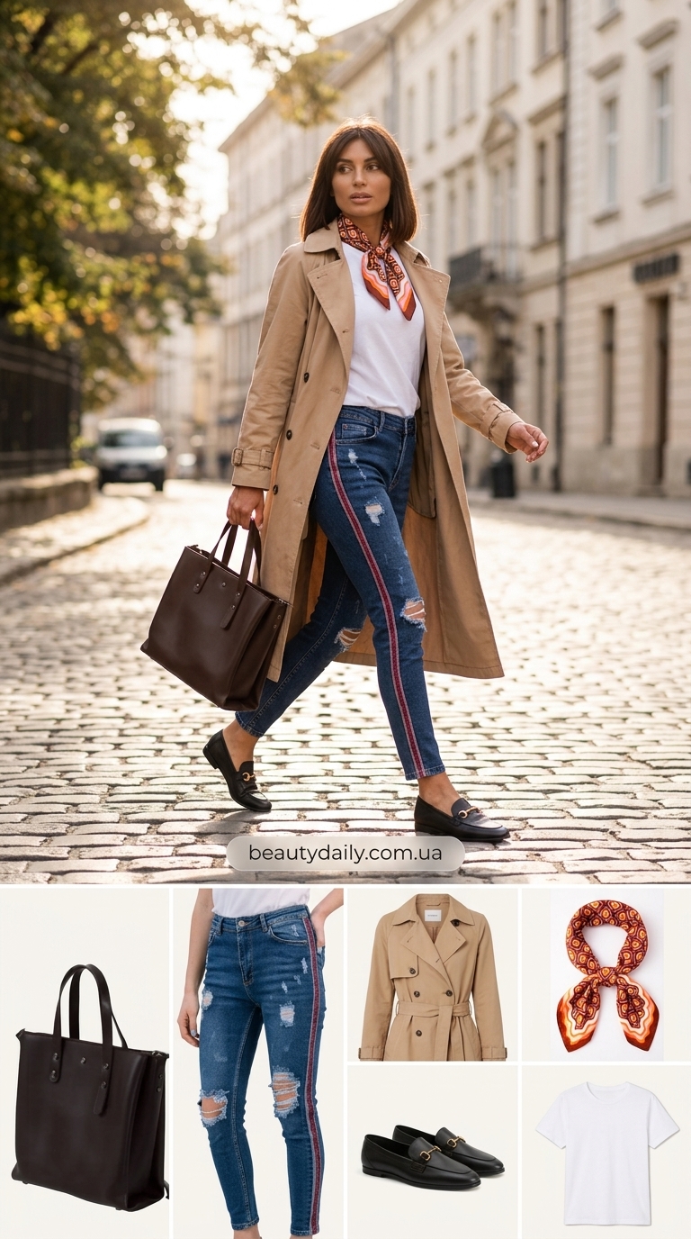 Елегантний образ з рваними джинсами 2026: блакитний денім, біла футболка, бежевий тренч, лофери.