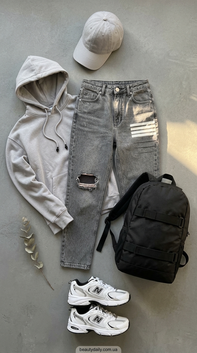 Комфортний образ з рваними джинсами 2026: сірий денім, сіре худі, білі кросівки, бейсболка.