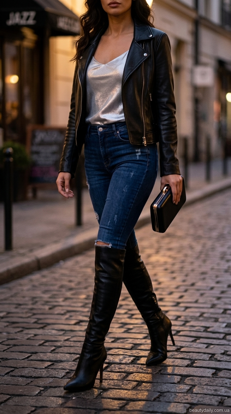 Елегантний образ з рваними джинсами 2026: темно-синій денім, атласний топ, шкіряна куртка, чоботи.