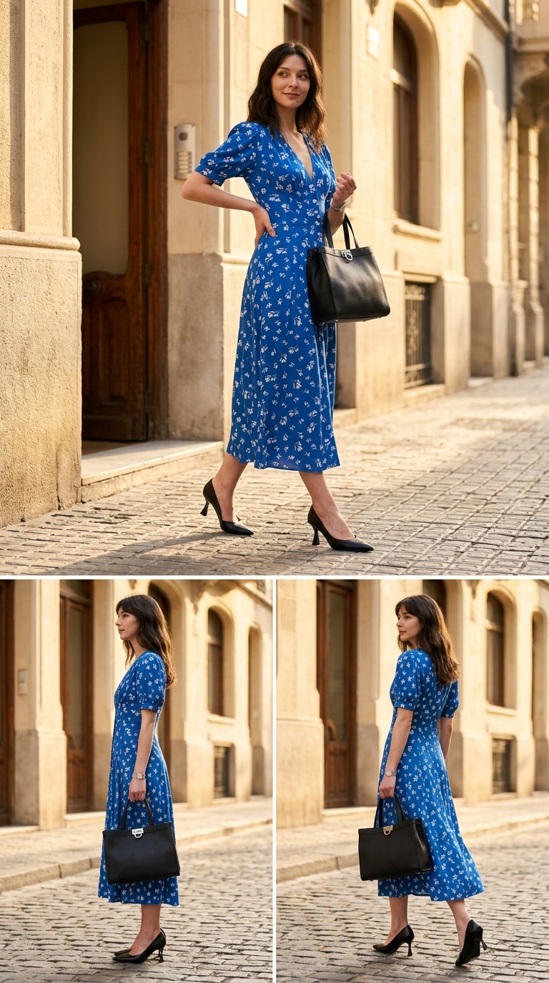 Найкращі літні сукні 2026 року: синя сукня-футляр, чорні човники, структурована сумка для галереї.