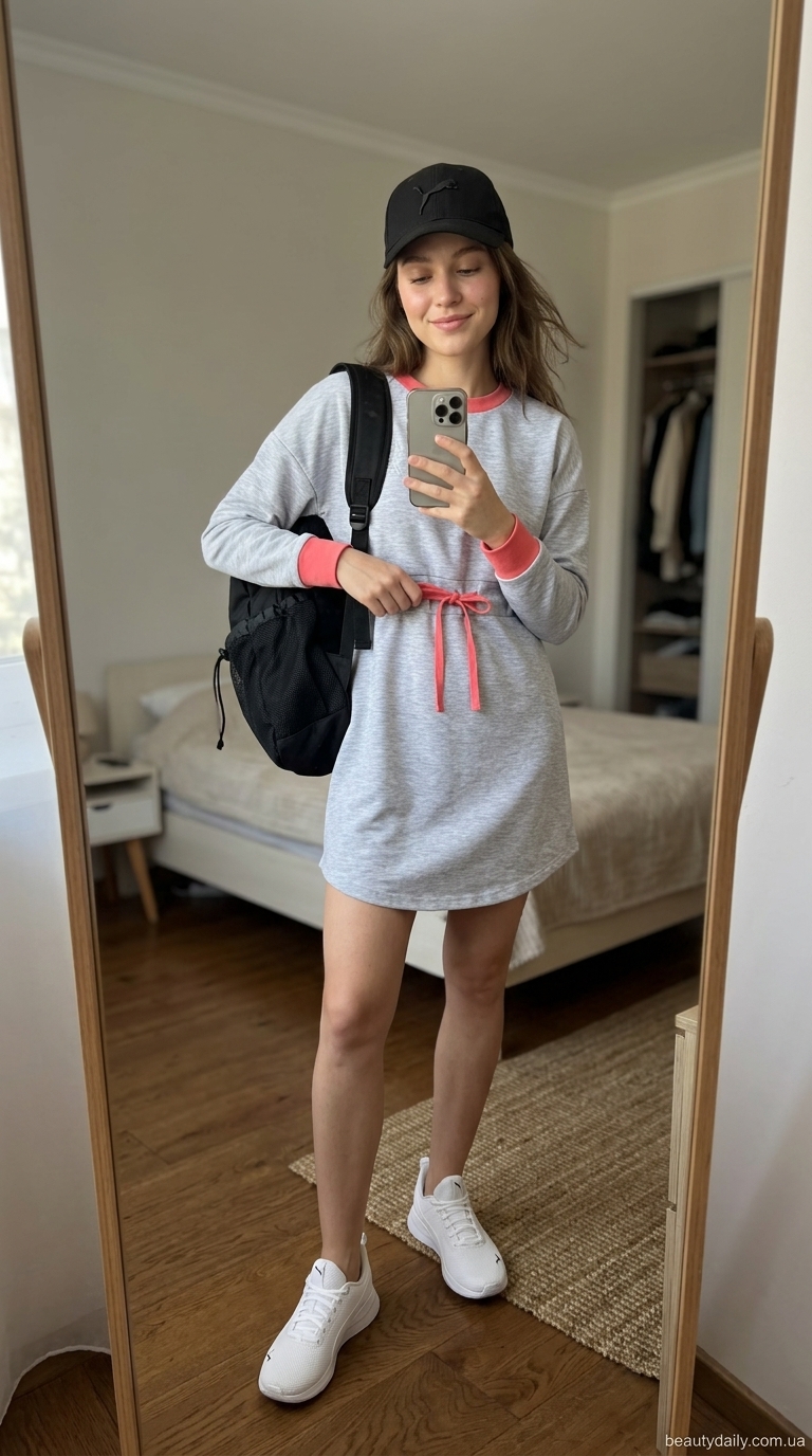 Найкращі літні сукні 2026 року: сіра міні-сукня-трапеція для повсякденної прогулянки парком, з кросівками та рюкзаком.