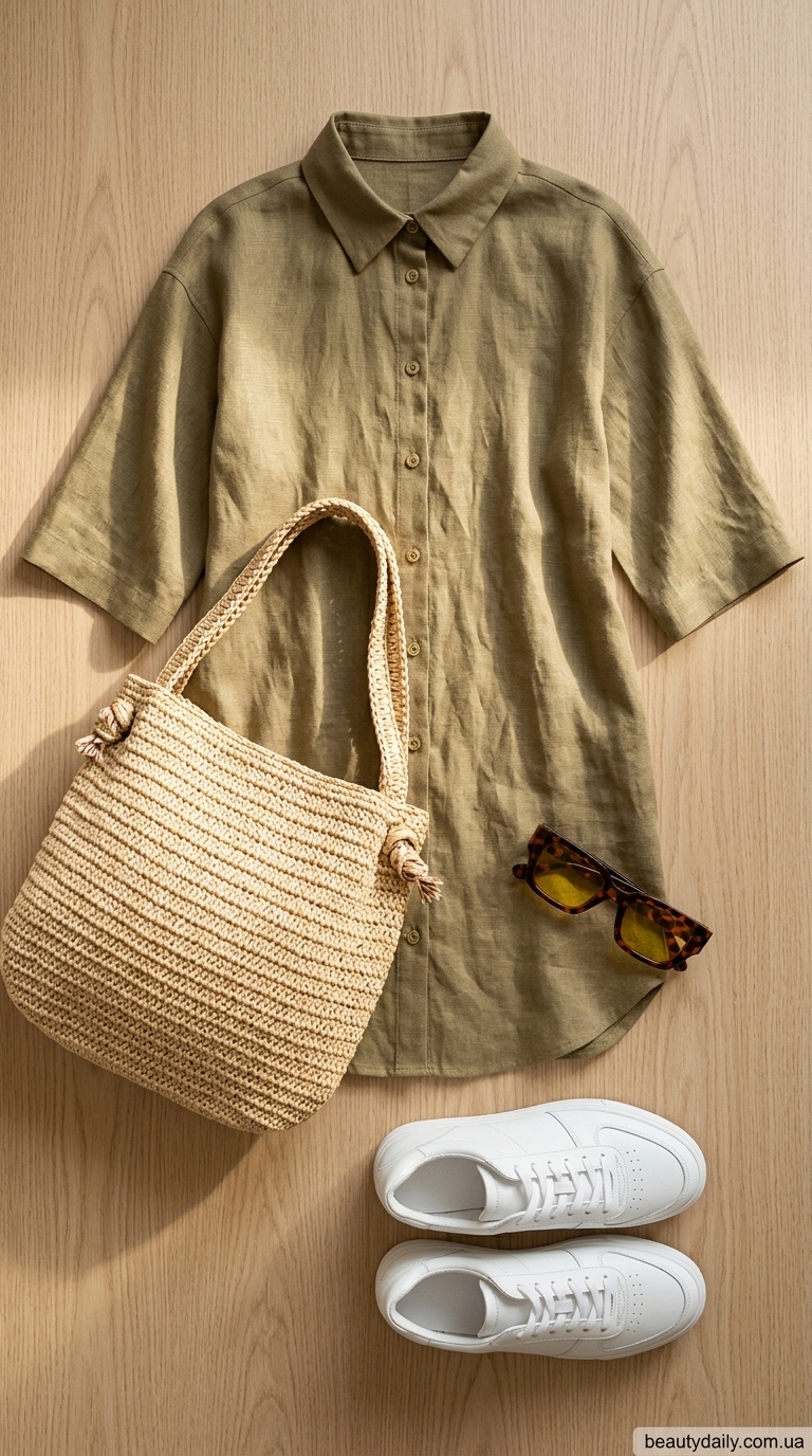 Найкращі літні сукні 2026 року: хакі сукня-сорочка, білі кеди, плетена сумка для міста.