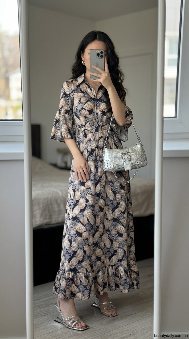 Найкращі літні сукні 2026 року: темно-синя максі-сукня з принтом для вечірньої прогулянки, доповнена срібними аксесуарами.