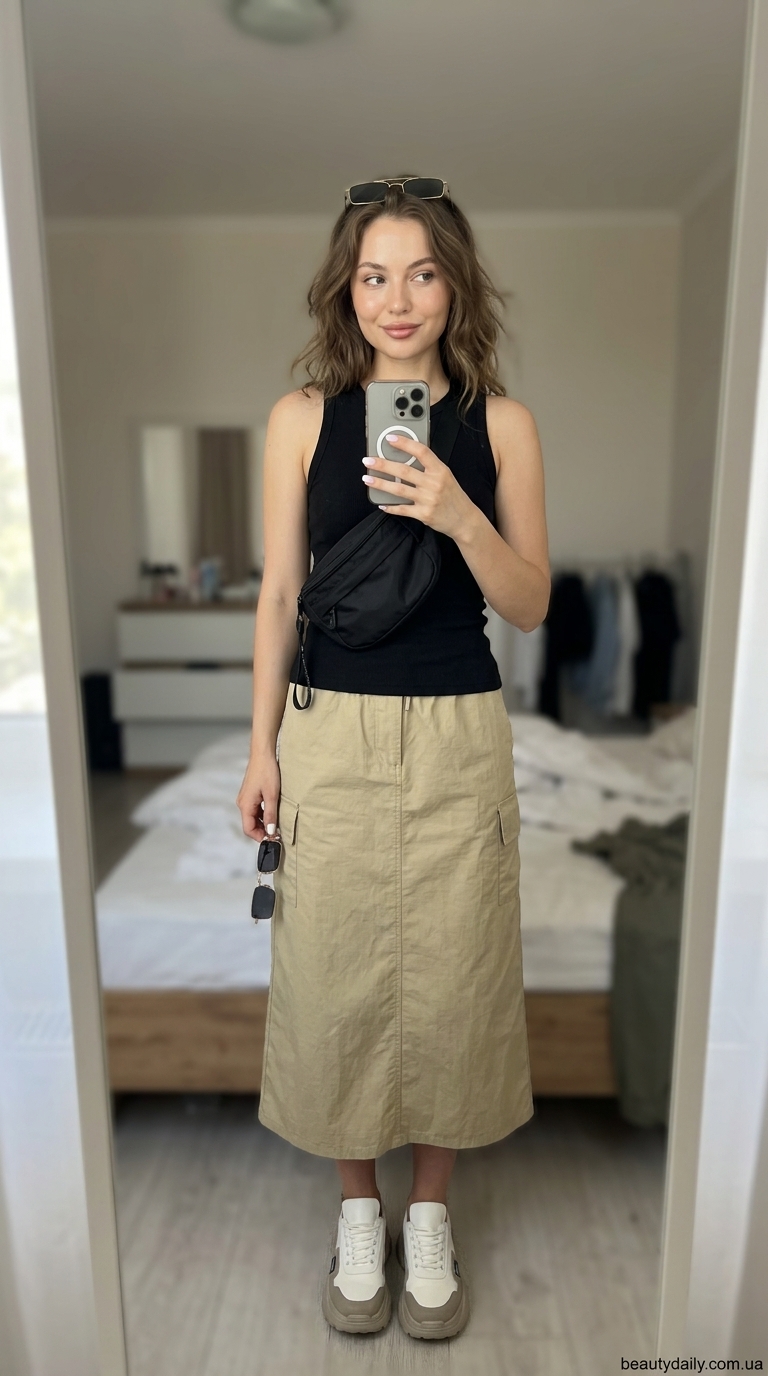 Гармонія стилю на Контрактовій: трендові образи травня 2026. Бежева спідниця-карго, чорний топ, ретро-кросівки.