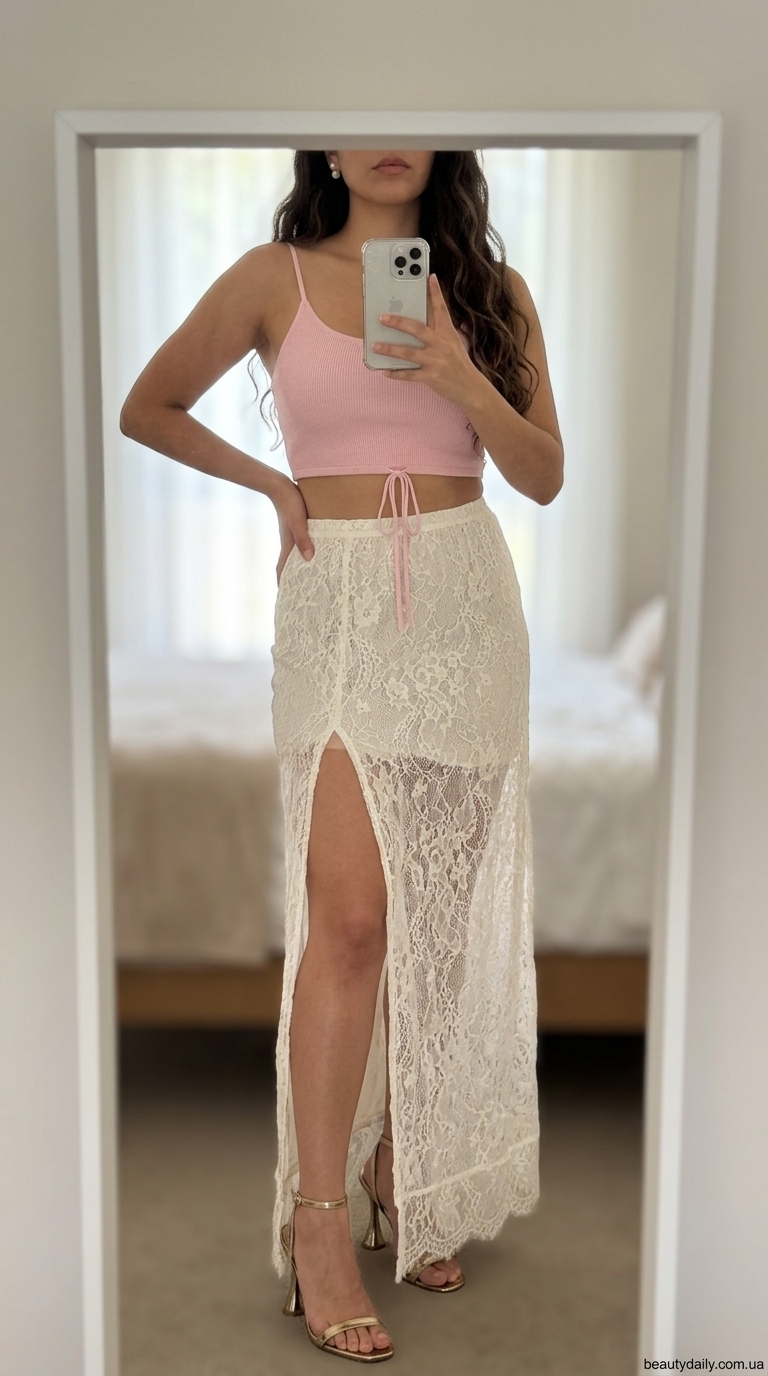Романтика на Андріївському: трендові образи травня 2026. Кремова спідниця максі, рожевий шовковий топ, золоті босоніжки.