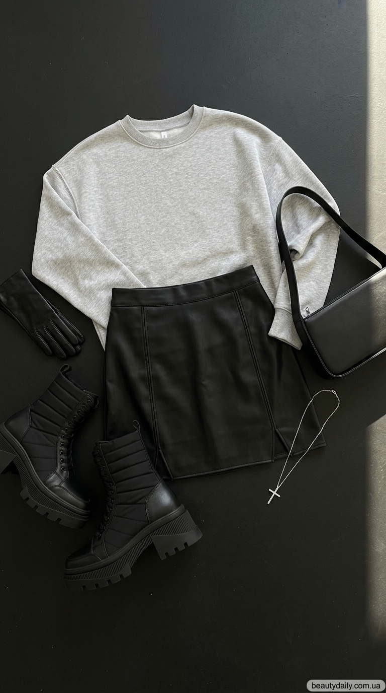 Сміливий стиль на Бессарабці: трендові образи травня 2026. Чорна шкіряна міні-спідниця, сірий світшот, черевики.