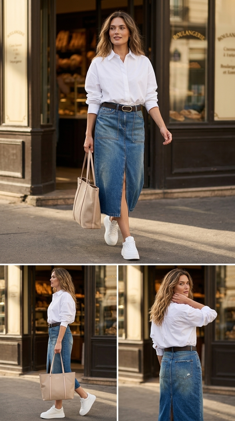 Міська елегантність на кожен день: трендові образи травня 2026. Денім спідниця міді, біла оверсайз сорочка, кеди.