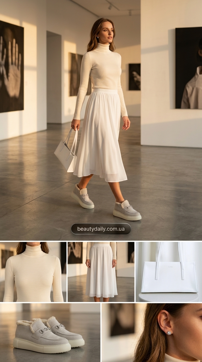 Які образи будуть у тренді в травні 2026 року: монохромний біло-сірий спідниця-міді образ для офіційних заходів.