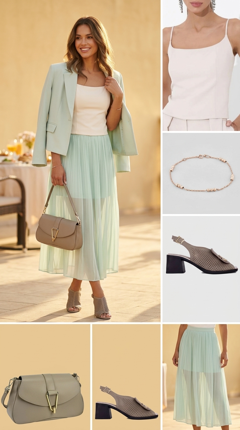 Елегантність на Хрещатику: трендові образи травня 2026. М'ятна спідниця міді, кремовий топ, бежеві босоніжки.