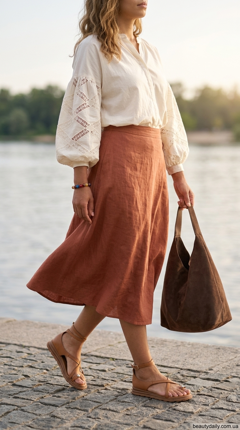Бохо-мрії біля Дніпра: трендові образи травня 2026. Теракотова спідниця максі, кремова блуза, шкіряні сандалі.