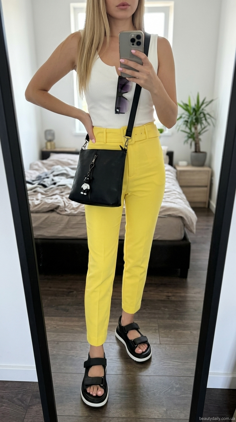 З чим носити білу майку влітку 2026 року: біла майка, жовті кюлоти, чорні босоніжки, кросбоді.