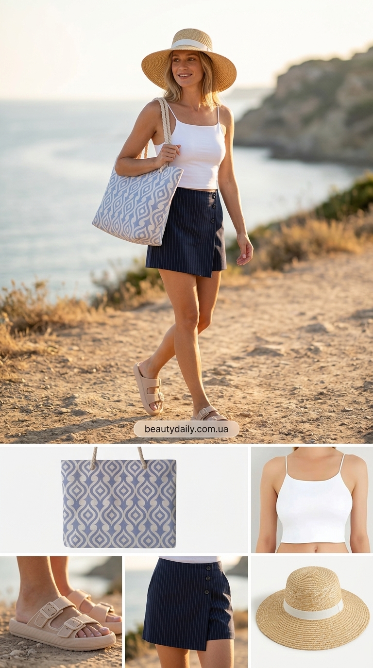 З чим носити білу майку влітку 2026 року: біла майка-топ, шорти-спідниця, еспадрильї, капелюх.