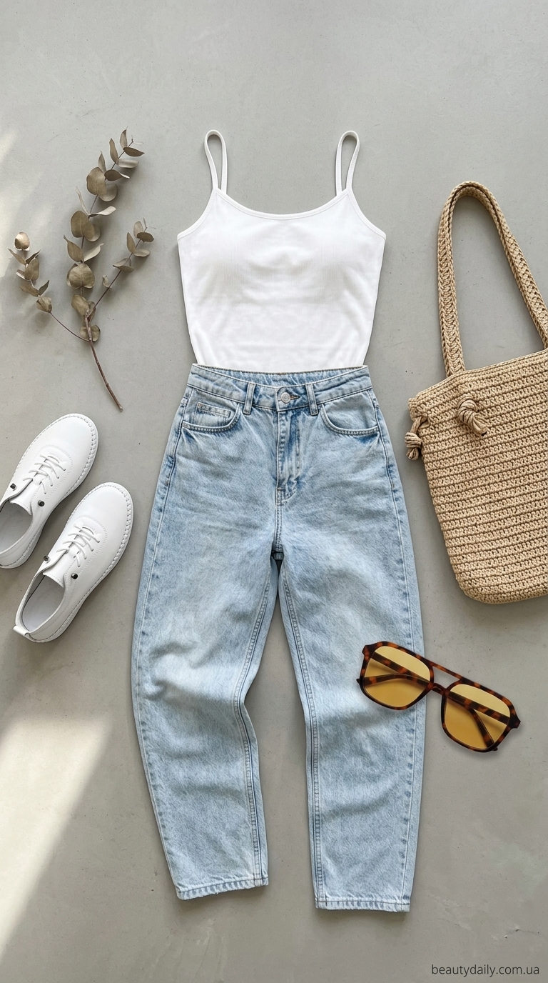 З чим носити білу майку влітку 2026 року: біла майка, широкі джинси, кеди, плетена сумка.