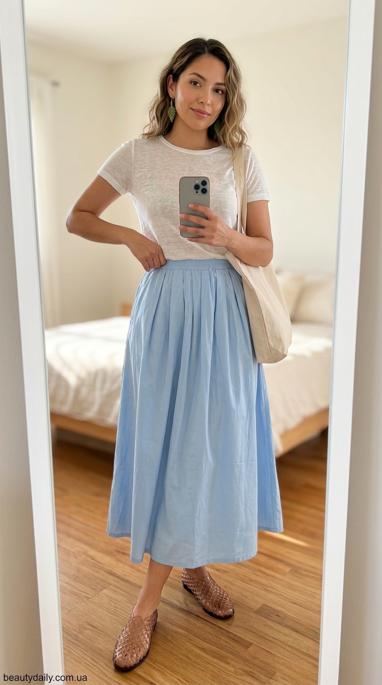 З чим носити білу майку влітку 2026 року: біла майка, довга спідниця, сандалі, сумка-шопер.