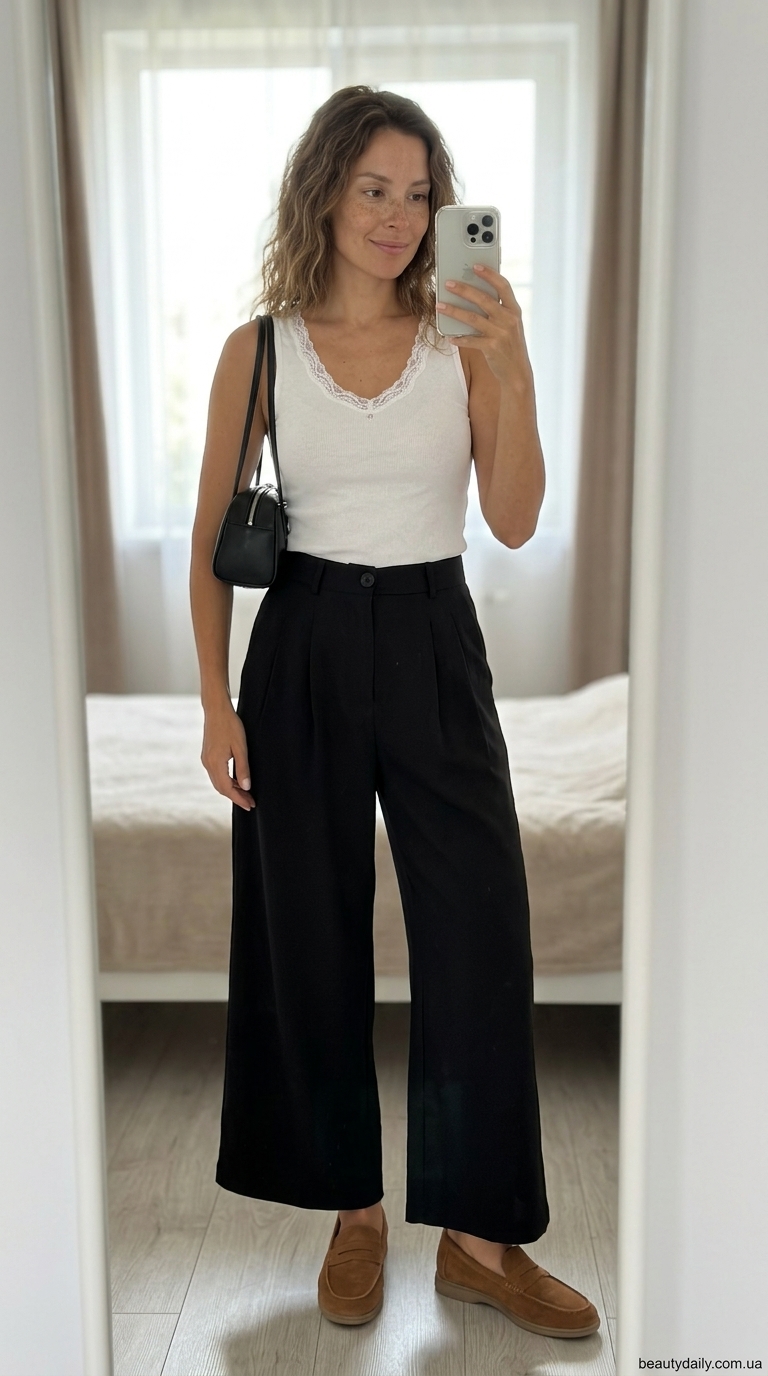 З чим носити білу майку влітку 2026 року: біла майка, штани-кюлоти, лофери, шарф.