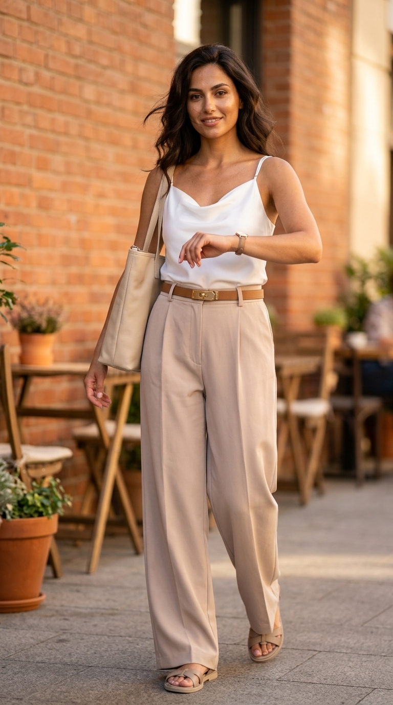 З чим носити білу майку влітку 2026 року: біла майка, штани-палаццо, сандалі, сумка-шопер.