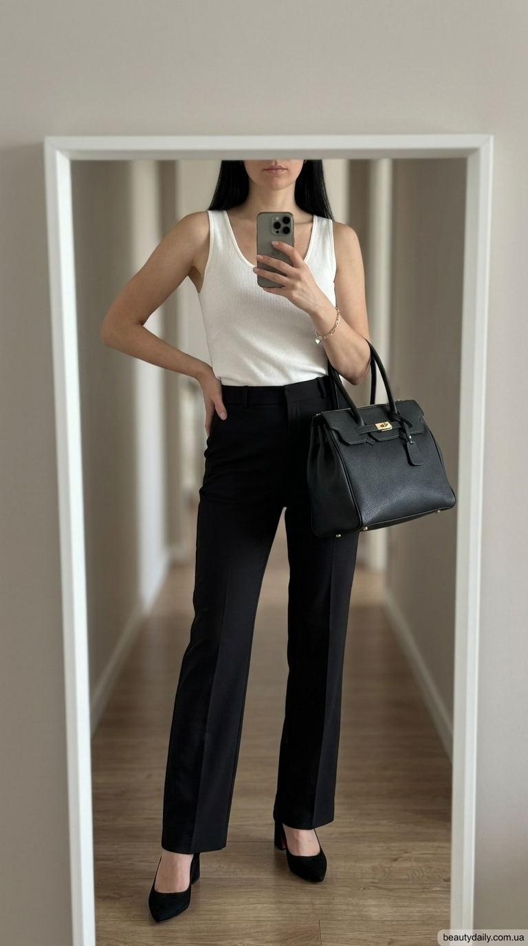 З чим носити білу майку влітку 2026 року: мінімалістичний образ з чорними брюками та шкіряною сумкою.