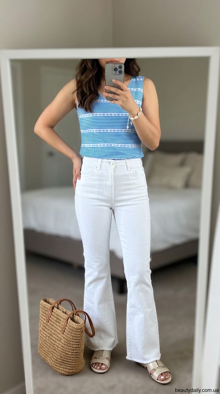 Джинси з високою талією: ідеальні літні образи 2026. Білі джинси кльош, смугастий топ, коралові сандалі. Відпочинок на узбережжі.