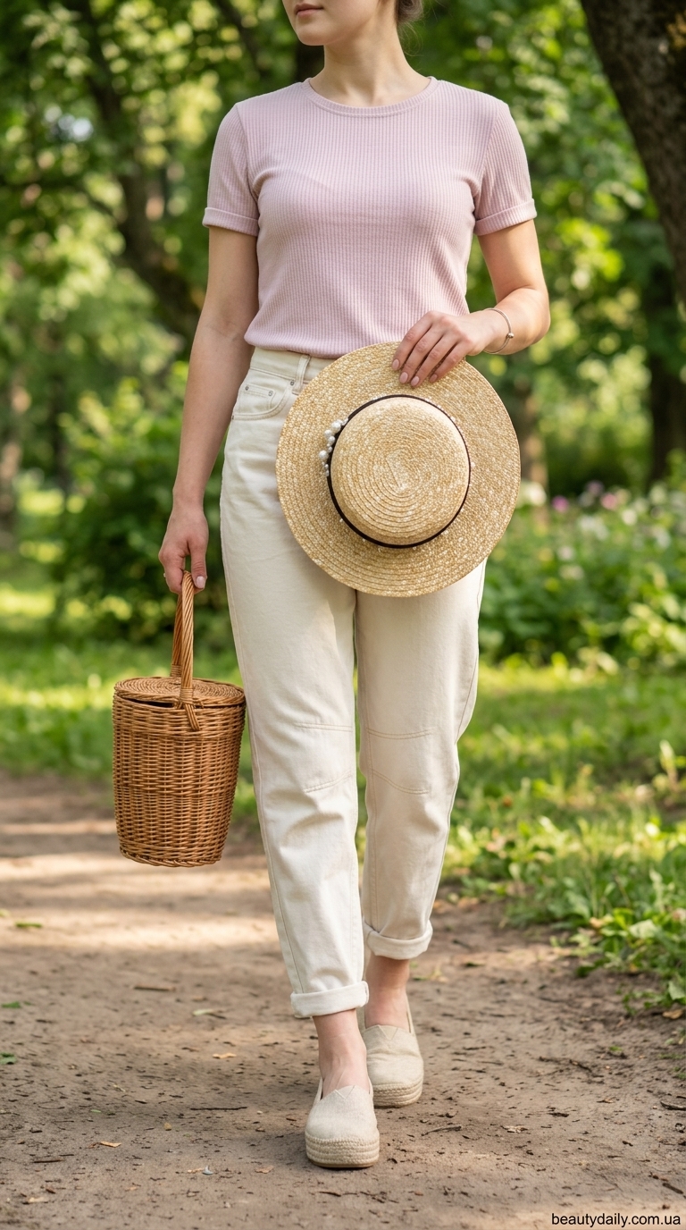 Джинси з високою талією: ідеальні літні образи 2026. Білі джинси, рожевий топ, солом'яна шляпа, еспадрильї. Літній день у парку.