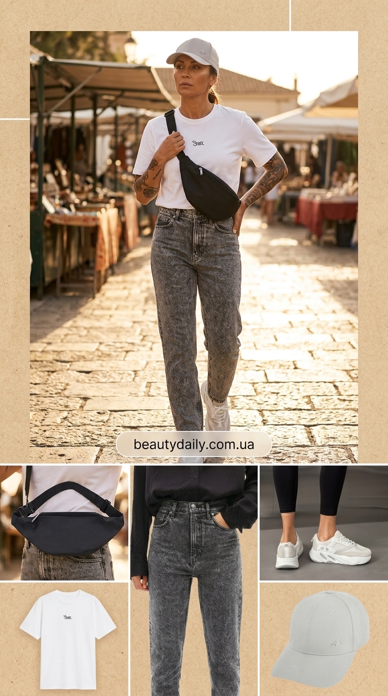 Джинси з високою талією: ідеальні літні образи 2026. Сірі джинси, біла футболка, кросівки, спортивна сумка. Спорт-шик.