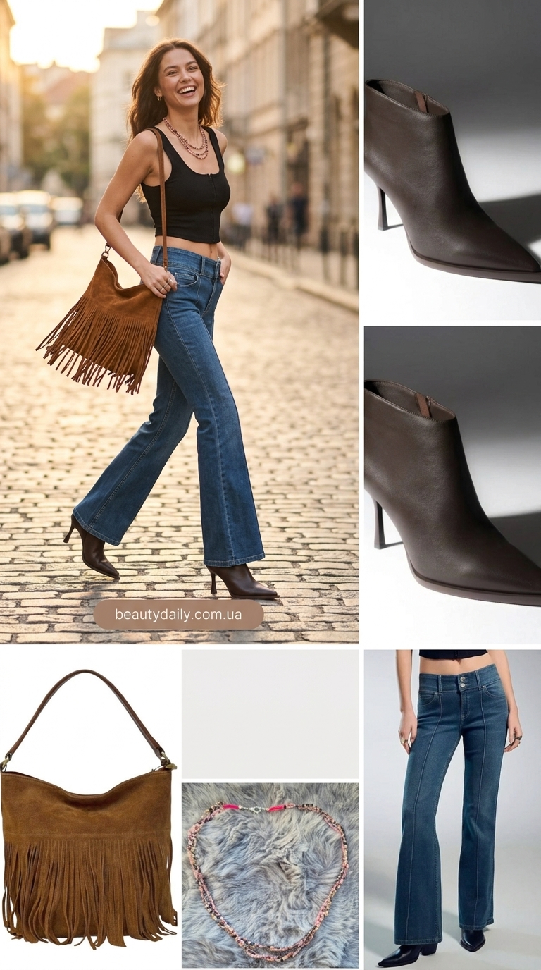 Джинси з високою талією: ідеальні літні образи 2026. Джинси кльош, топ з принтом пейслі, сумка з бахромою. Богемний стиль.