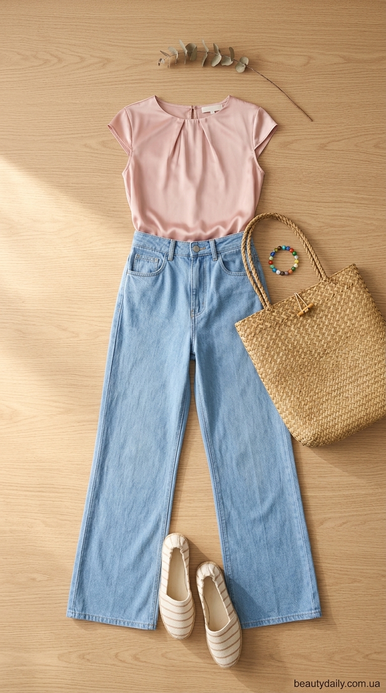 Джинси з високою талією: ідеальні літні образи 2026. Світло-блакитні джинси кльош, рожевий топ, еспадрильї. Літній бриз.