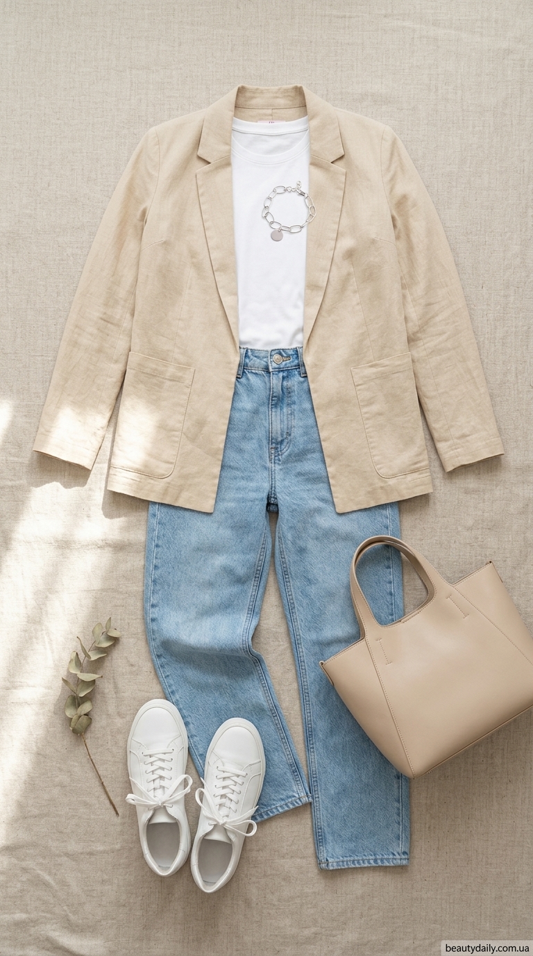 Джинси з високою талією: ідеальні літні образи 2026. Блакитні джинси, біла футболка, лляний блейзер, кеди. Міський шик.