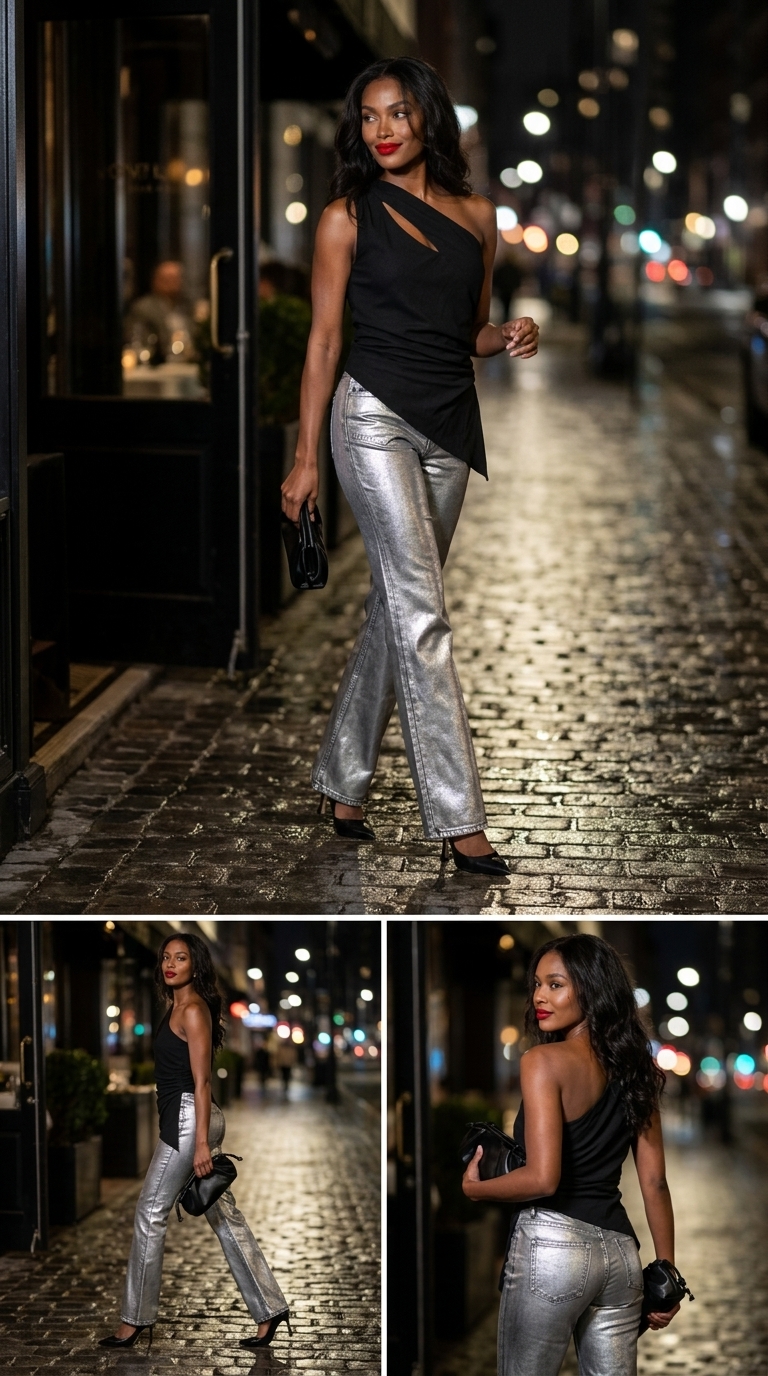 Стрейчеві джинси скінні металік жіночі чорні для вечірнього круїзу 2026.
