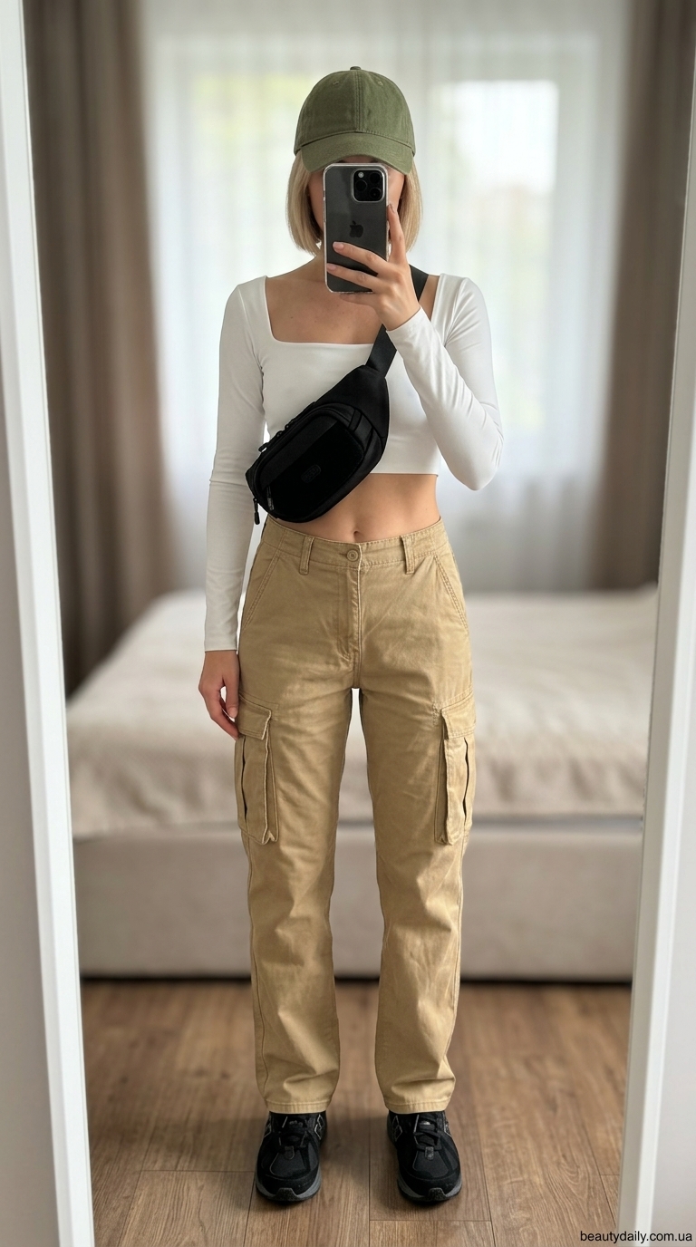 Стрейчеві джинси-карго жіночі хакі для ранкової кави на терасі 2026.