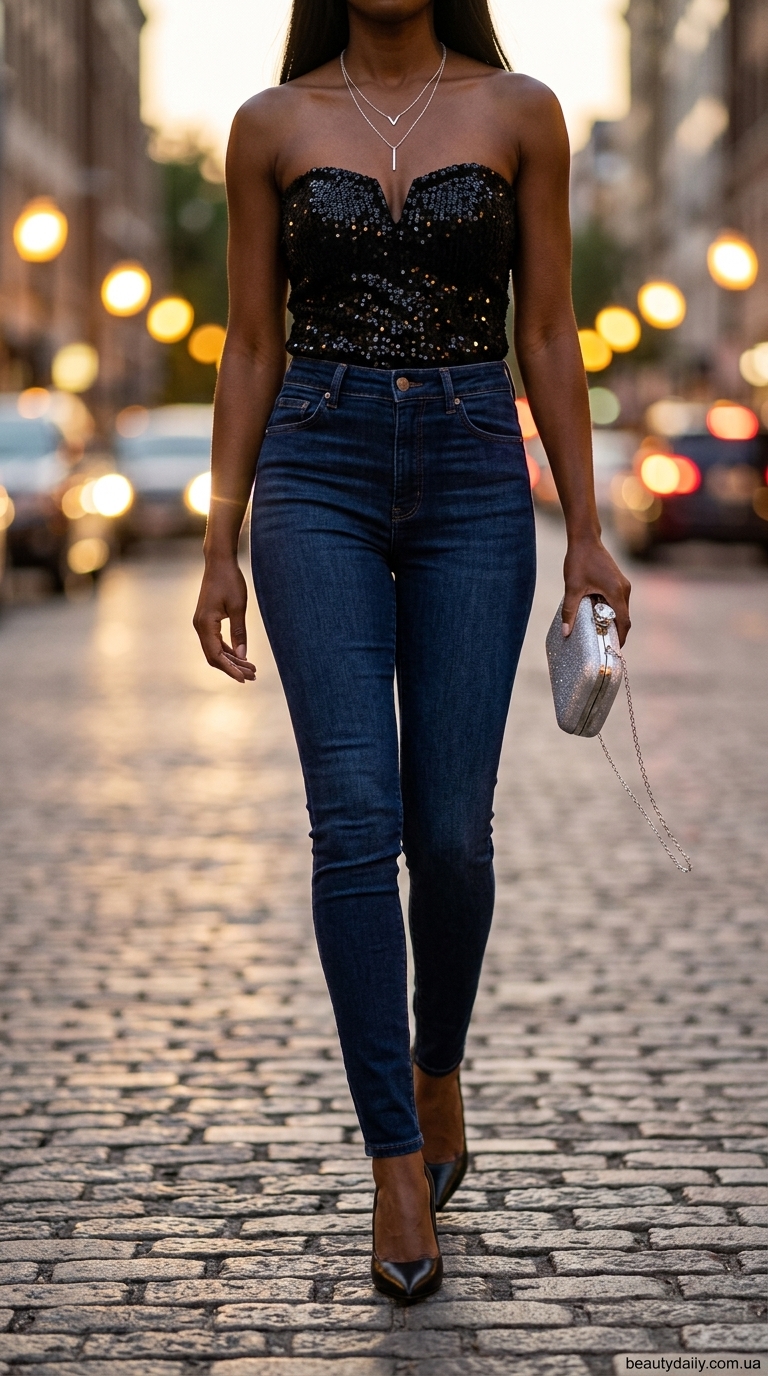 Стрейчеві джинси скінні чорні жіночі для вечірнього виходу 2026.