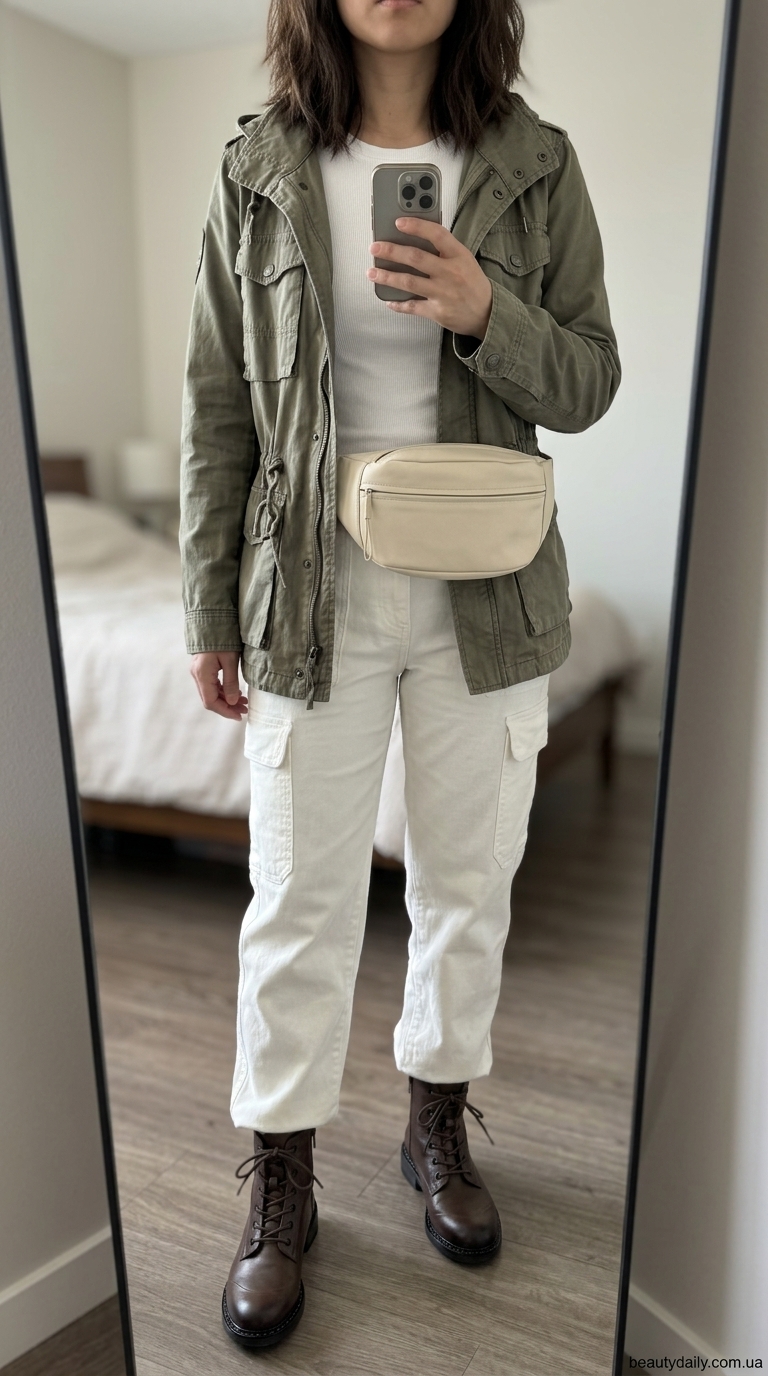 Літній образ з білими джинсами-карго: парка, футболка, сумка-бананка, черевики.