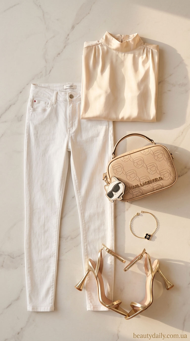 Елегантний літній образ: білі слім-фіт джинси, шовкова блуза, золоті босоніжки, клатч.