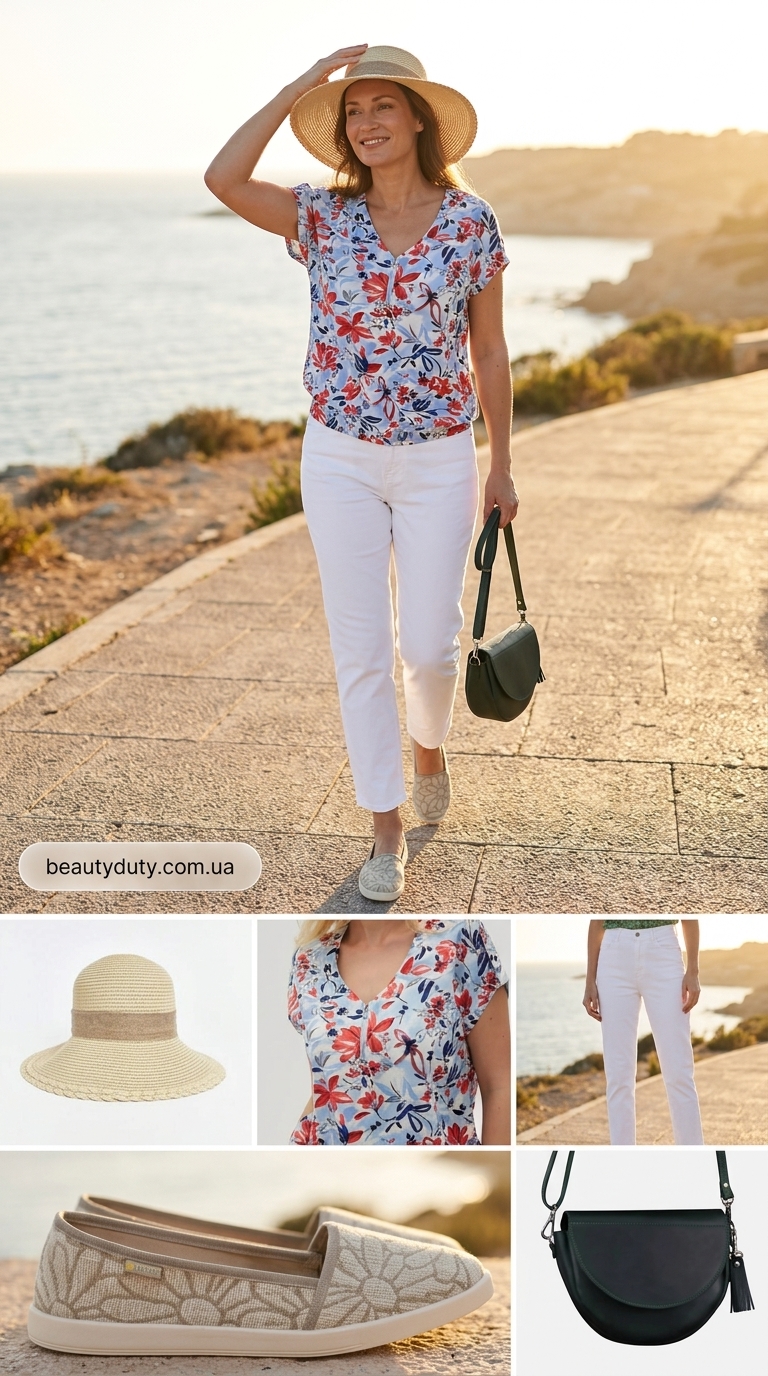 Легкий літній образ: білі джинси-мом, блуза з квітковим принтом, еспадрильї, солом'яний капелюх.