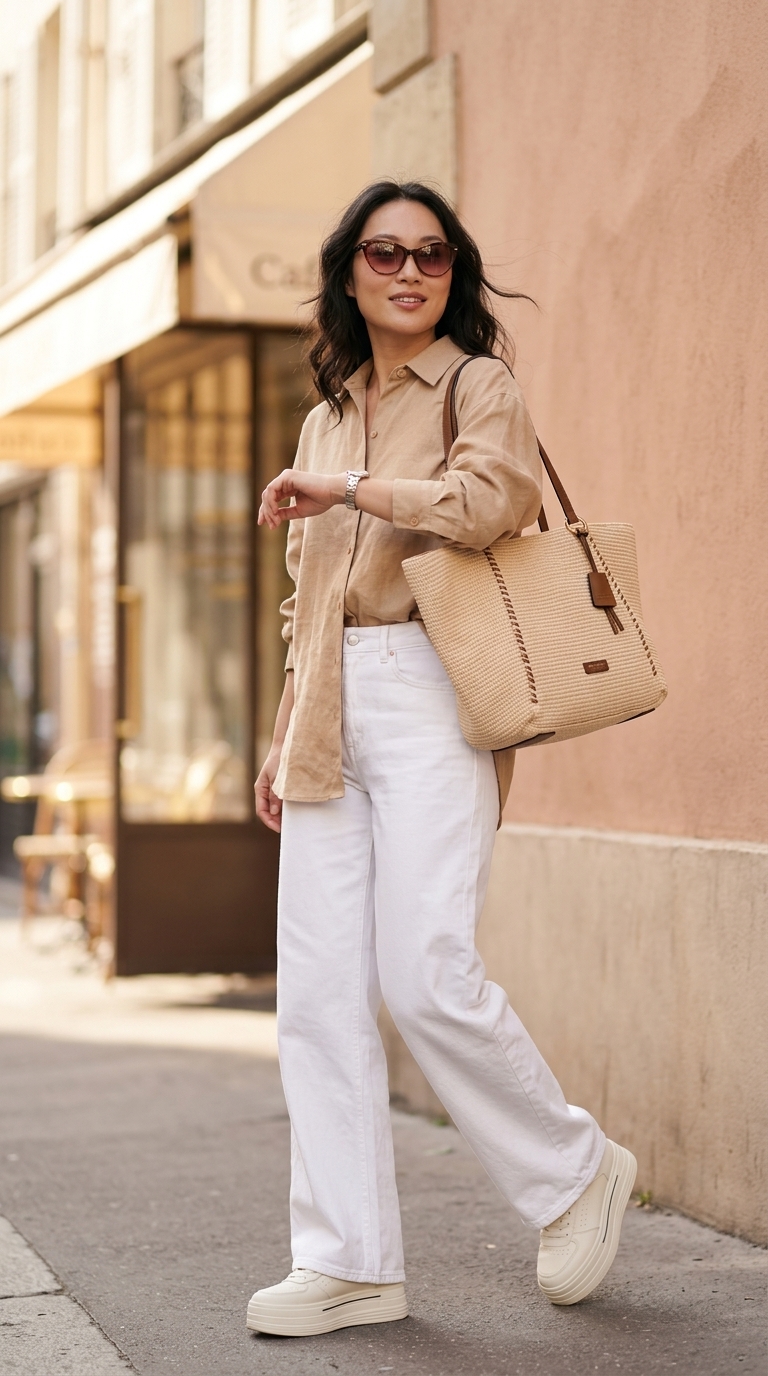 Сучасний літній образ: білі джинси прямого крою, лляна сорочка, кеди, плетена сумка.