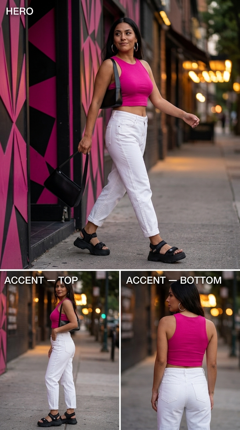 Сміливий літній образ для вечірки: білі джинси-мом, топ фуксія, босоніжки на платформі.