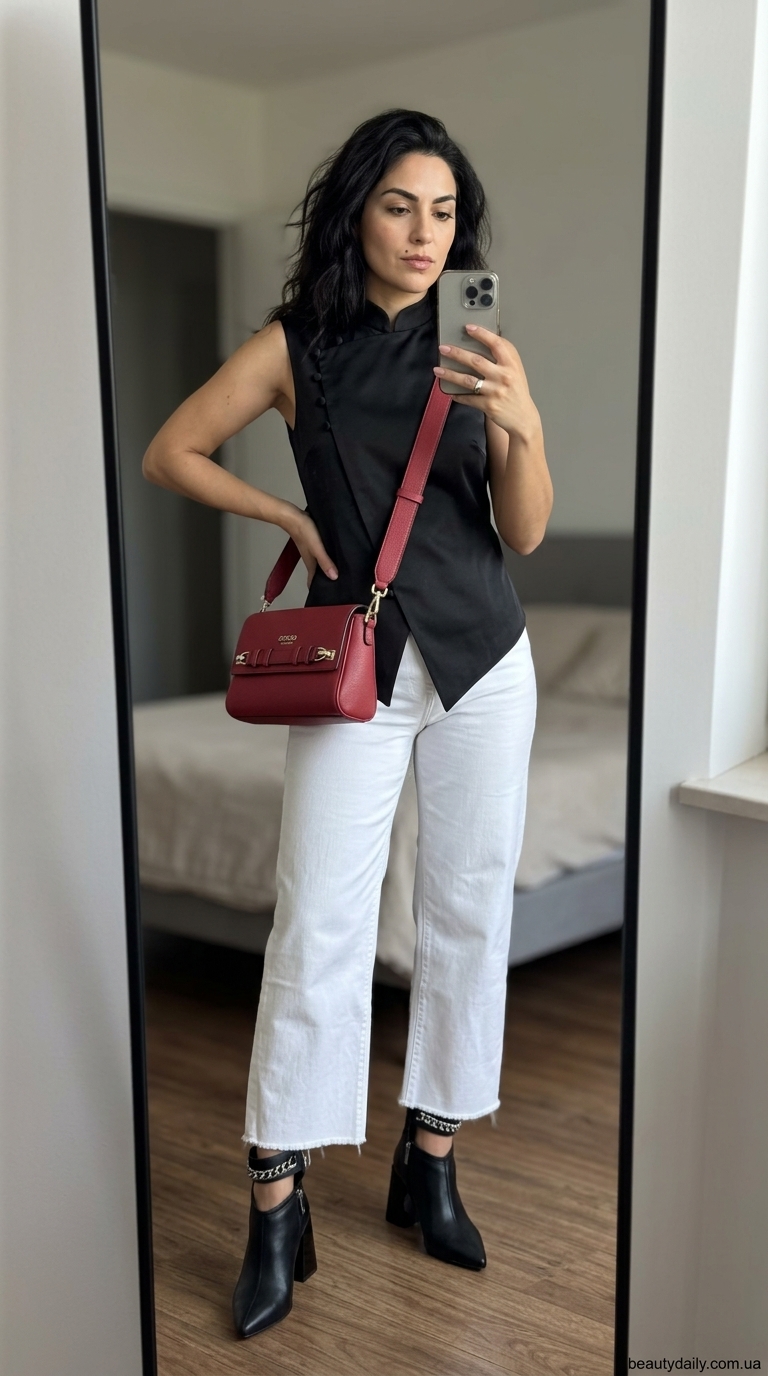 Авангардний літній образ: білі джинси-кюлоти, асиметричний топ, ботильйони, червона сумка.