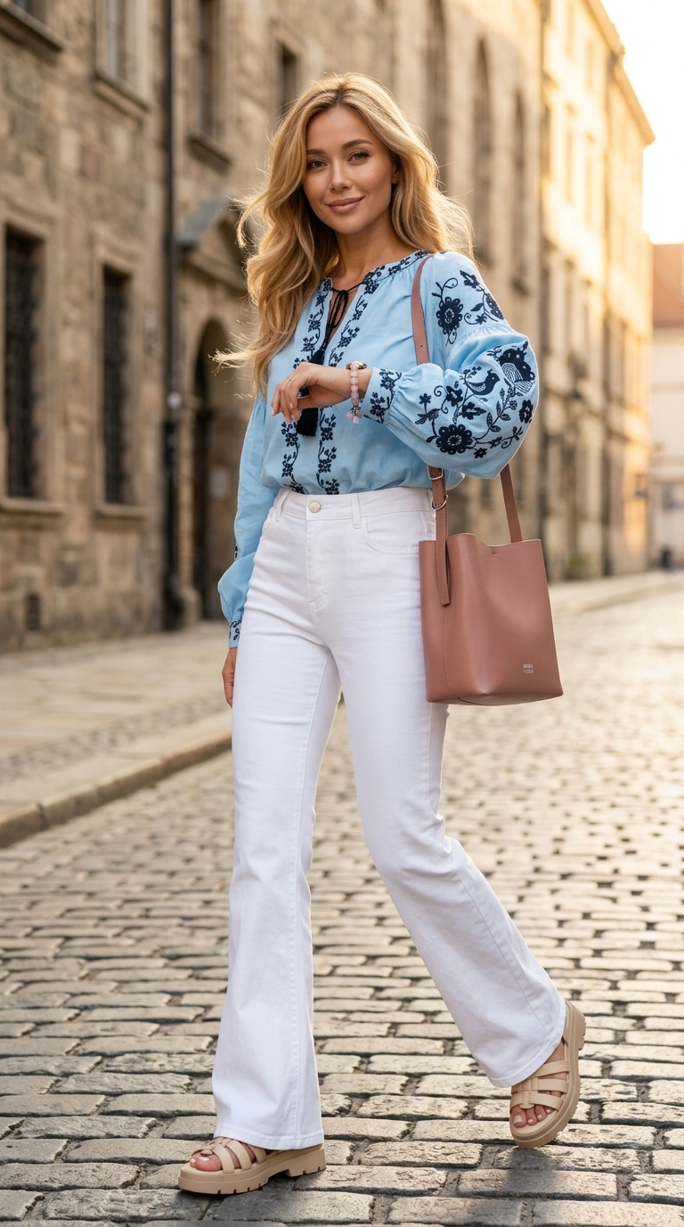 Романтичний літній образ: білі джинси-кльош, блуза з вишивкою, сандалі на танкетці.