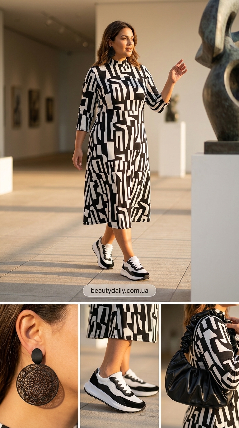 Які плаття зараз в моді: тренди 2026. Біле плаття-сорочка з принтом для арт-галереї або неформальної зустрічі.