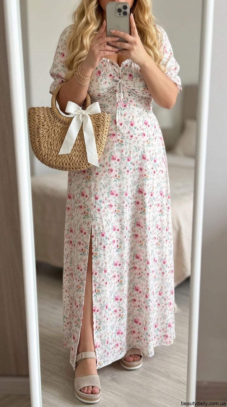 Які плаття зараз в моді: тренди 2026. Романтичне рожеве плаття максі з квітковим принтом для заміської вечірки або весілля на природі.