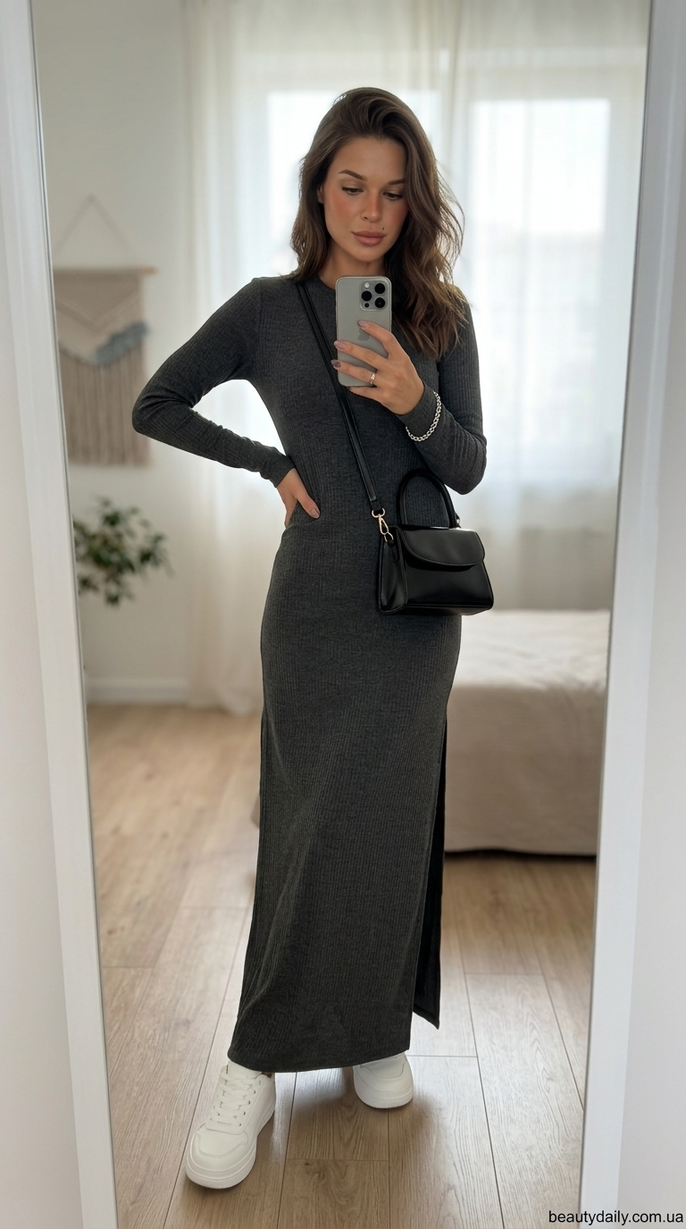 Які плаття зараз в моді: тренди 2026. Мінімалістичне сіре трикотажне плаття міді для ранкової кави або прогулянки парком.