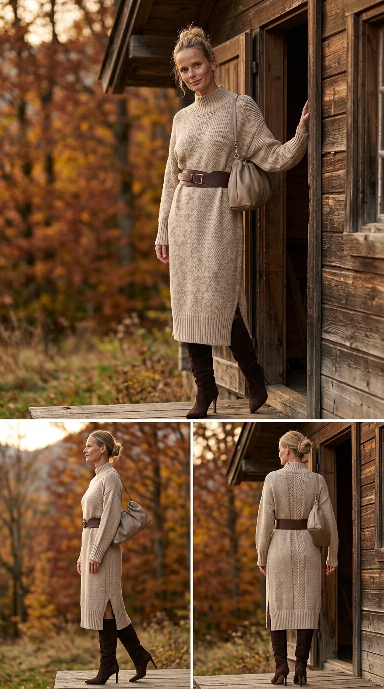 Які плаття зараз в моді: тренди 2026. Затишне кремове в'язане плаття-светр максі з коричневими аксесуарами для відпочинку в горах.