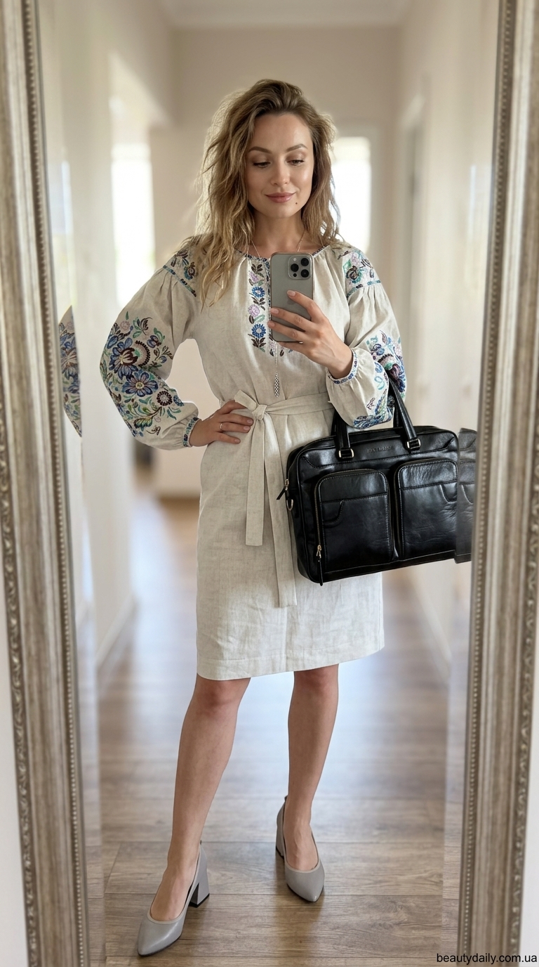 Вишиванка-сукня сірого кольору А-силуету, доповнена туфлями-човниками та сумкою-портфелем для ділового образу.