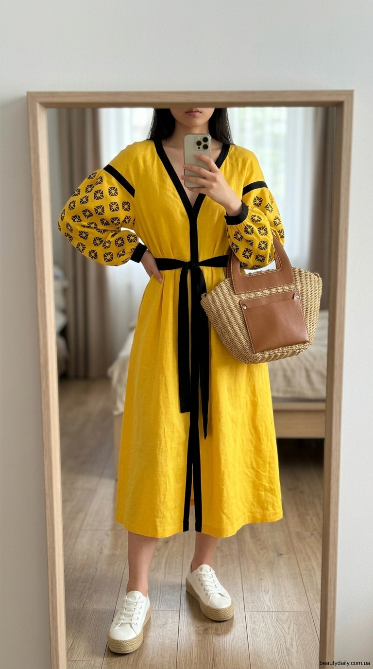 Вишиванка-сукня міні жовтого кольору, доповнена білими еспадрильями та плетеною сумкою для літнього ярмарку.