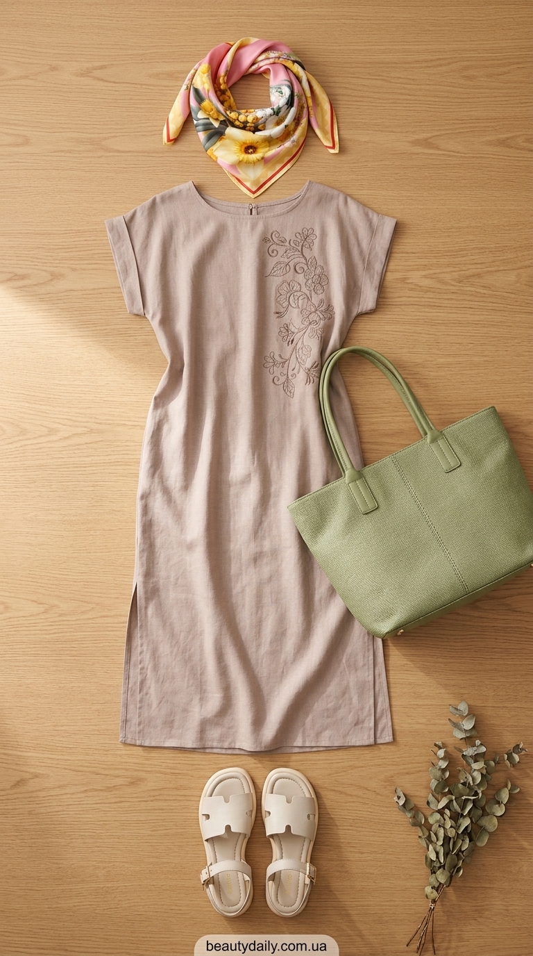 Вишиванка-сукня максі бежевого кольору, доповнена шкіряними босоніжками та великою сумкою-шопером для відпочинку на природі.