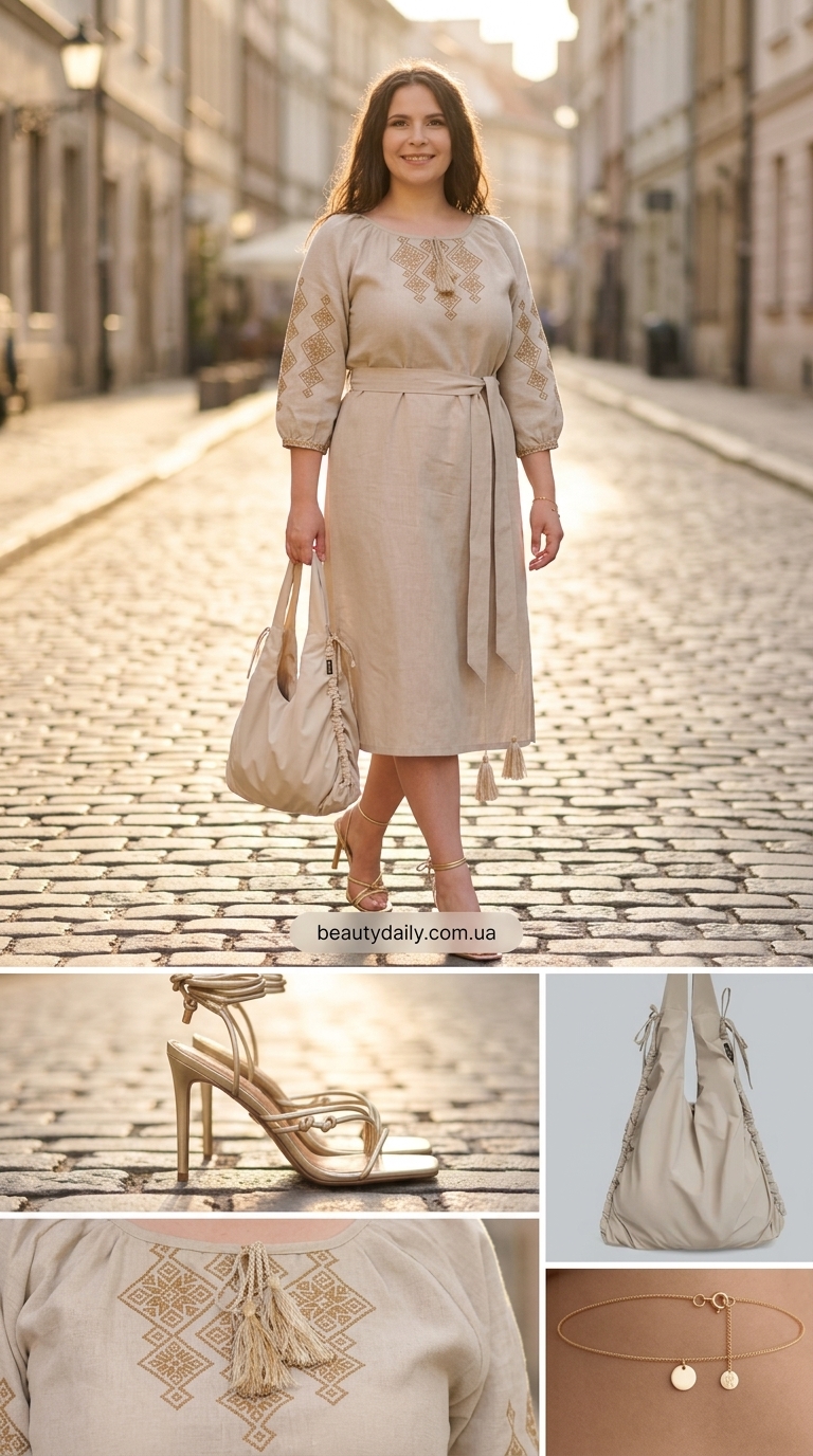 Вишиванка-сукня міді кремового кольору з мереживом, доповнена золотими аксесуарами для романтичного побачення.