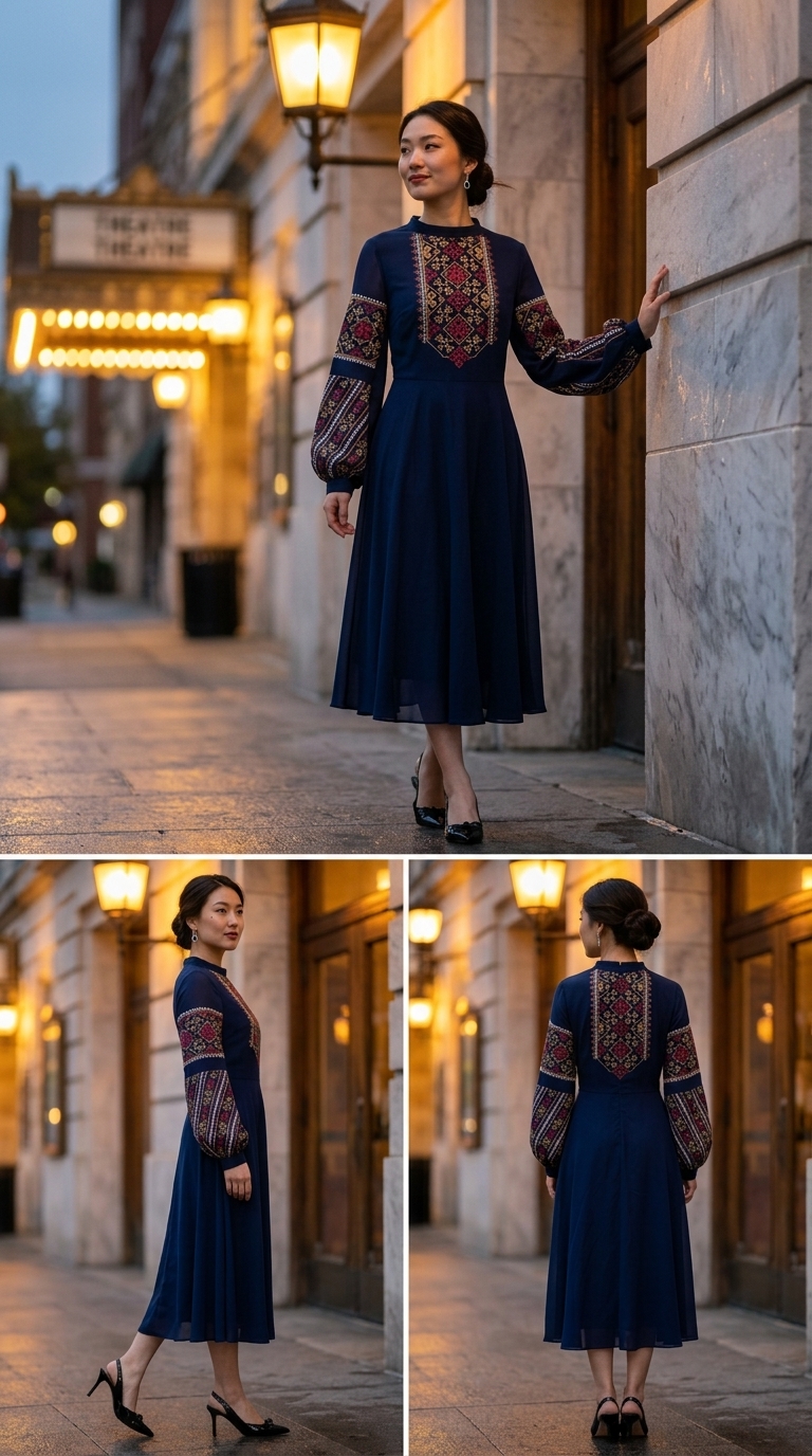 Вишиванка-сукня міді темно-синього кольору з жакарду, доповнена чорними човниками та сріблястим клатчем для вечірнього заходу.