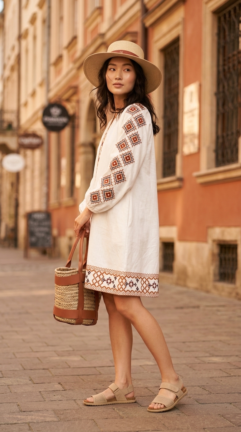 Вишиванка-сукня максі білого кольору з блакитною вишивкою, доповнена сандалями та плетеним шопером для літньої прогулянки.