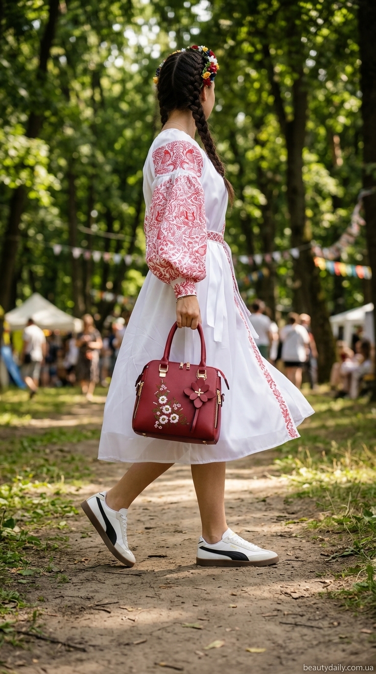 Вишиванка-сукня міні білого кольору з червоною вишивкою, білі кеди та червона сумка для етно-образу на фестиваль.