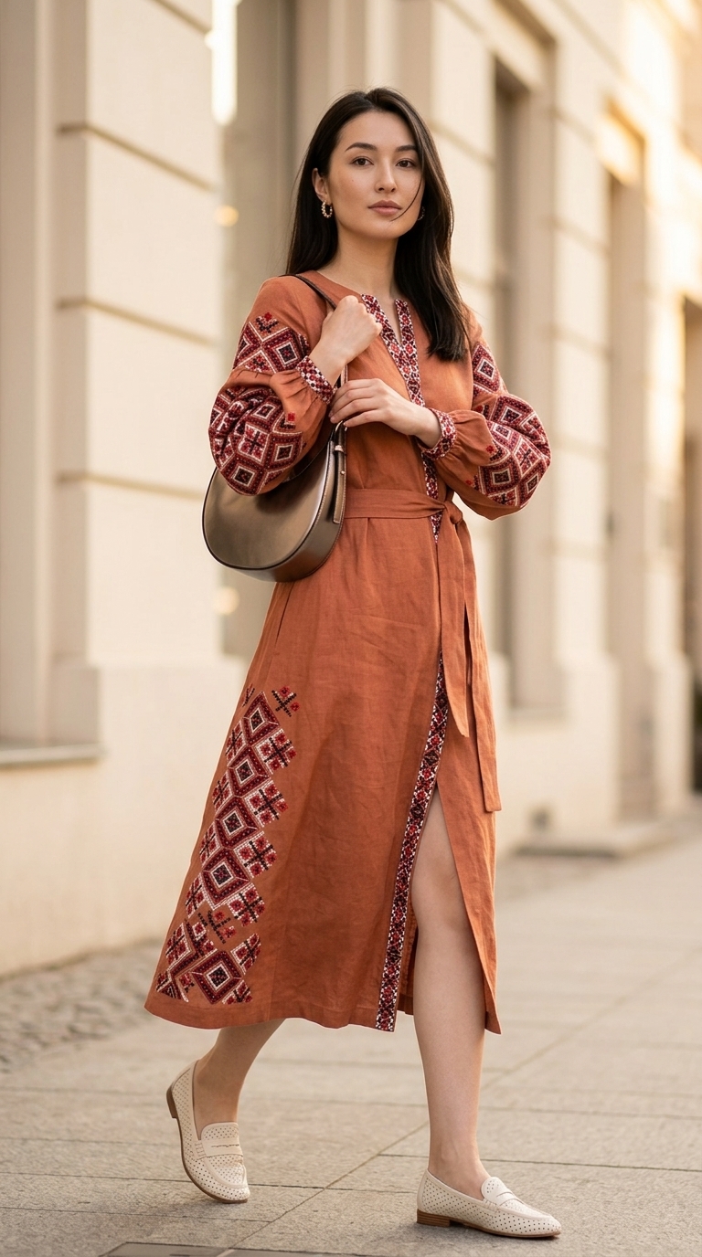 Вишиванка-сукня міді теракотового кольору з льону, доповнена шкіряними лоферами та бронзовою сумкою для міського шику.